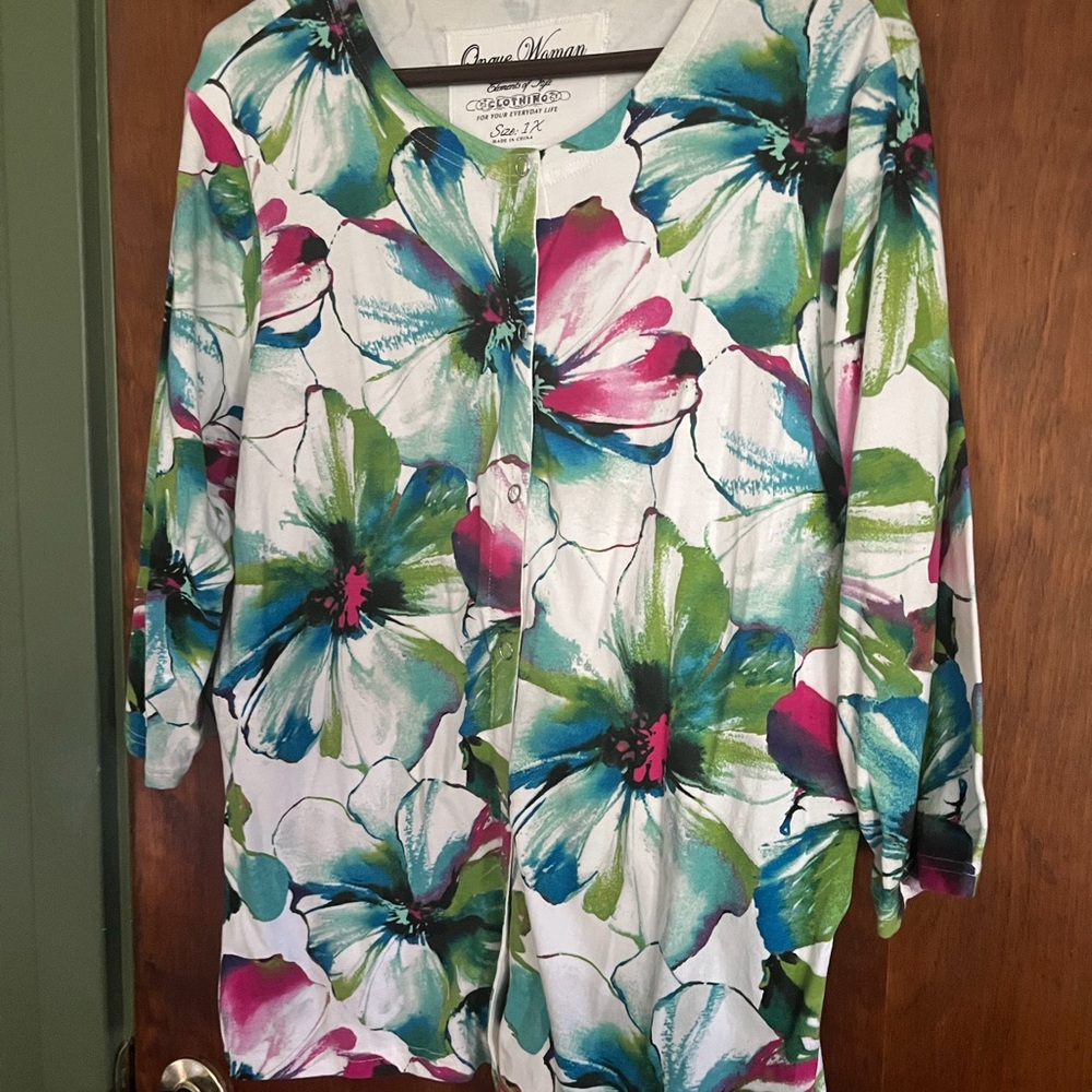 Onque Woman Blue and Green Floral snap-front jersey Cardigan
